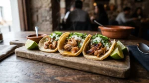 Instant Pot carnitas tacos served on a rustic wooden board with corn tortillas, fresh salsa, sliced avocado, and lime wedges at a campsite