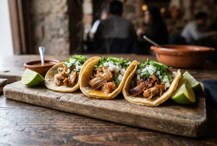 Instant Pot carnitas tacos served on a rustic wooden board with corn tortillas, fresh salsa, sliced avocado, and lime wedges at a campsite