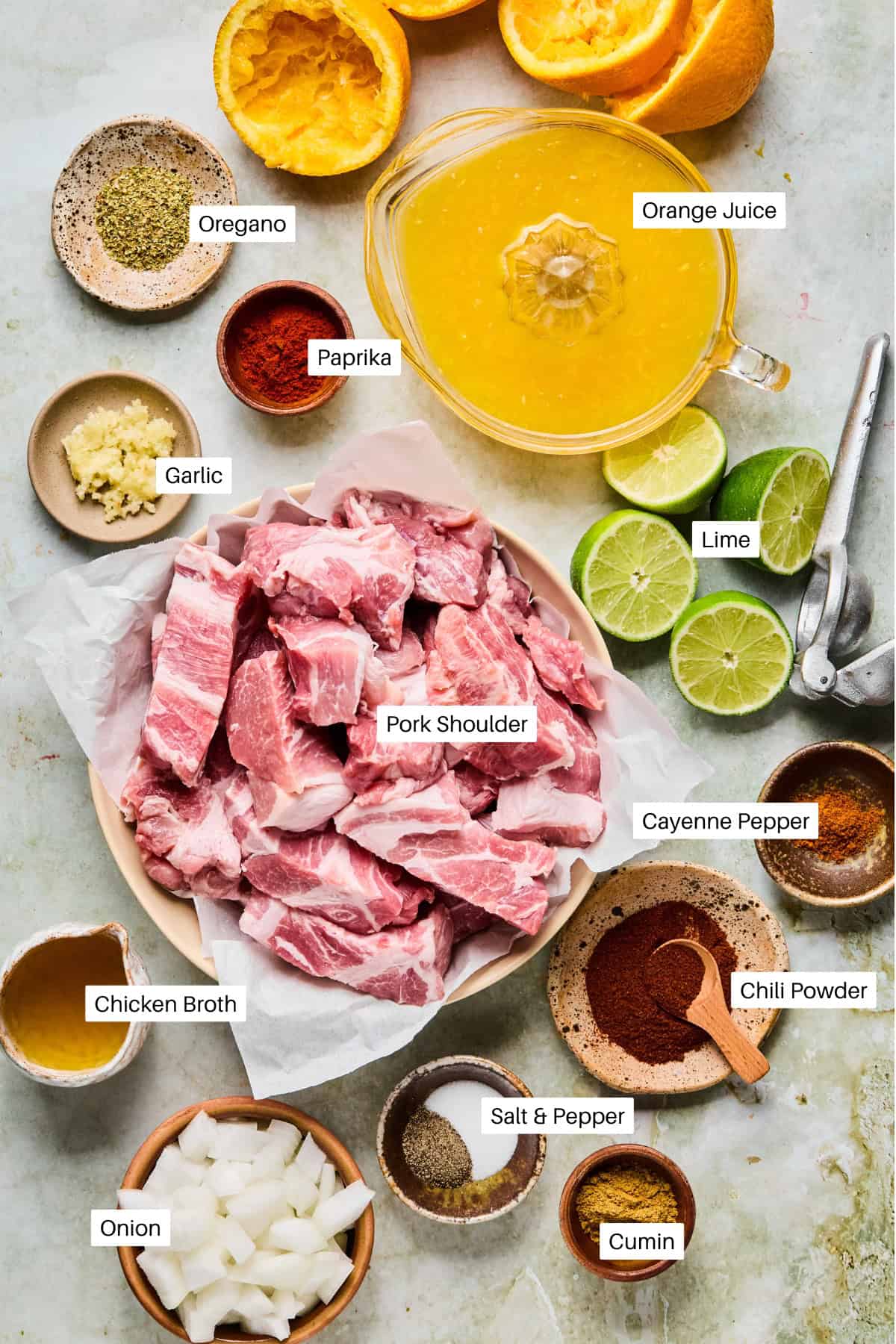 Overhead flat lay of Instant Pot carnitas ingredients — pork shoulder pieces, fresh orange and lime halves, garlic cloves, dried spices in small bowls, and chipotle peppers in adobo on a light surface