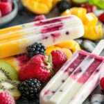 Vibrant mixed berry popsicles with visible strawberry, blueberry, and raspberry pieces arranged on a marble surface with fresh berries scattered around
