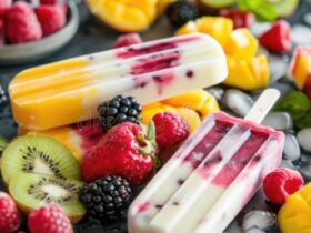 Vibrant mixed berry popsicles with visible strawberry, blueberry, and raspberry pieces arranged on a marble surface with fresh berries scattered around