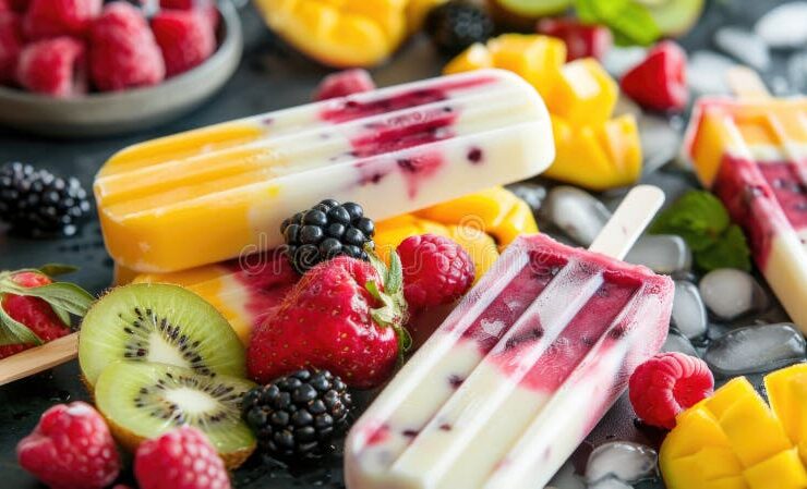 Vibrant mixed berry popsicles with visible strawberry, blueberry, and raspberry pieces arranged on a marble surface with fresh berries scattered around