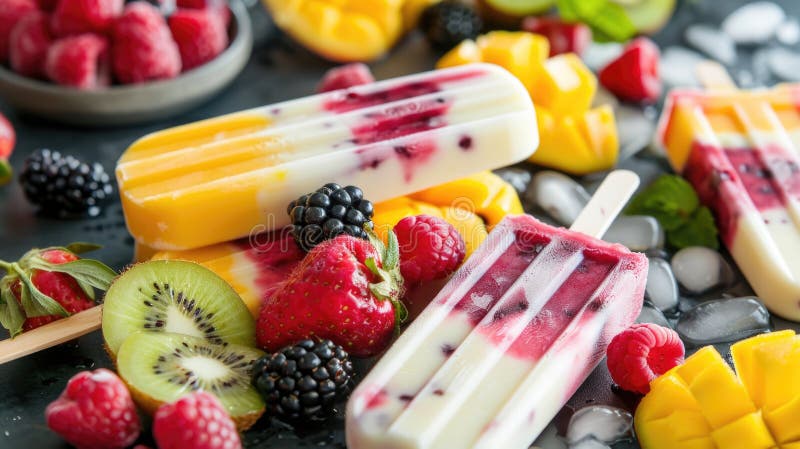 Vibrant mixed berry popsicles with visible strawberry, blueberry, and raspberry pieces arranged on a marble surface with fresh berries scattered around