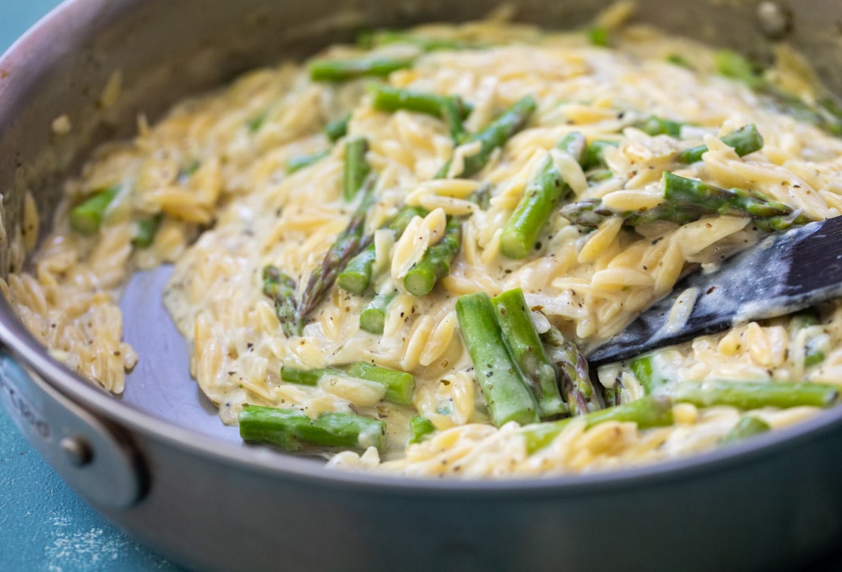 Close-up of a forkful of creamy orzo with asparagus tips and parmesan shavings, shallow depth of field, warm light