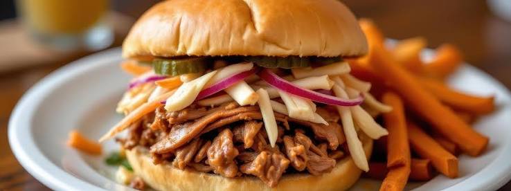 Close-up of slow cooker pulled pork piled high on a toasted brioche bun with tangy coleslaw and bread-and-butter pickles, served with a side of sweet potato fries