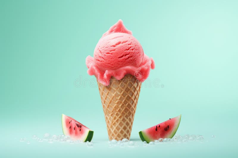 Two scoops of vibrant pink-red watermelon sorbet in a waffle cone held against a bright blue sky background, garnished with a sprig of fresh mint and a dusting of lime zest