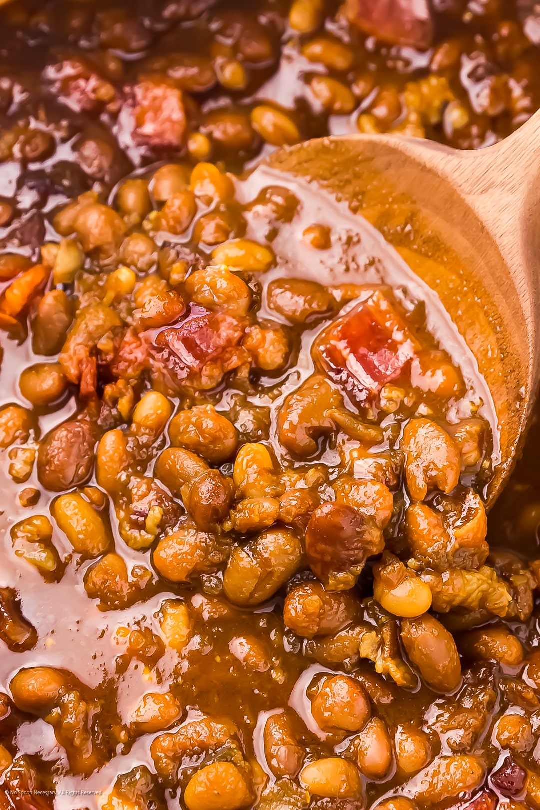 BBQ Baked Beans — Smoky Sweet 4th of July Side Dish 28 A close-up shot of a white ceramic bowl filled with saucy BBQ baked beans, topped with crispy bacon crumbles, a drizzle of maple syrup, and served alongside a grilled hot dog on a summer picnic table