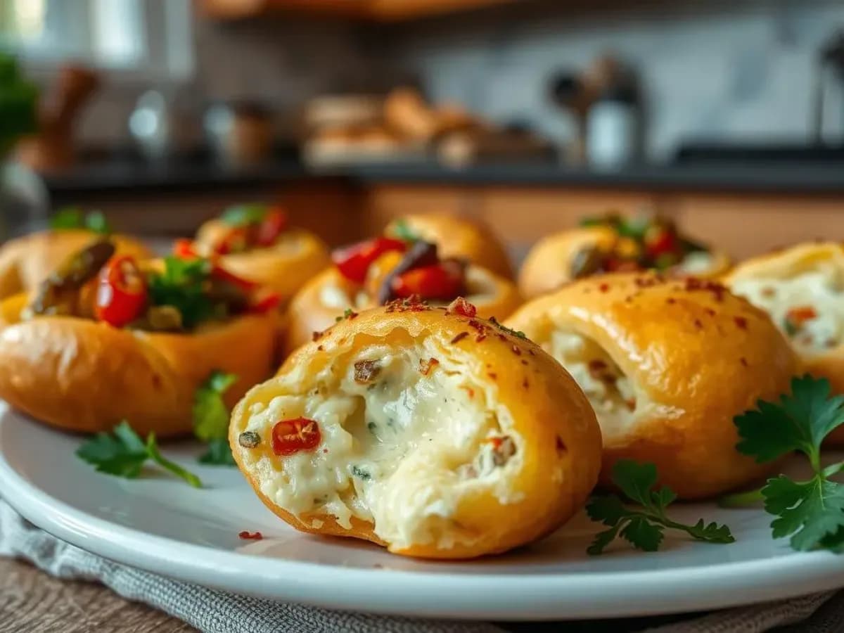 Overhead flat-lay of Brazilian Pão de Queijo ingredients — tapioca starch, eggs, shredded cheese, milk, and oil arranged on a white marble surface with small ceramic bowls