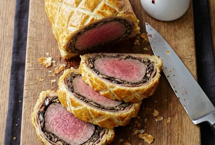 British Beef Wellington — The Show-Stopping Classic Worth Every Bite 27 A perfectly sliced British Beef Wellington on a white marble serving board, revealing a rosy pink beef center surrounded by dark mushroom duxelles and golden flaky puff pastry, garnished with fresh thyme