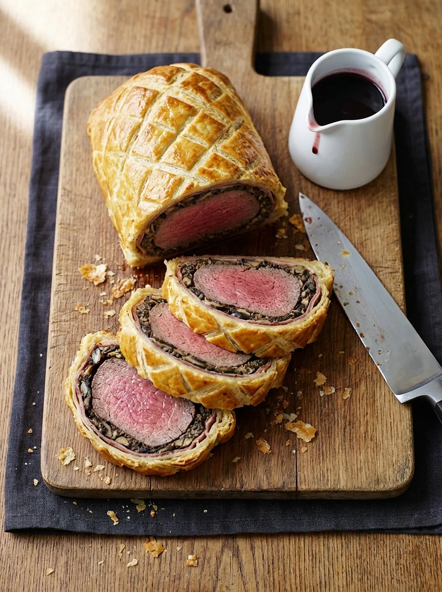 A perfectly sliced British Beef Wellington on a white marble serving board, revealing a rosy pink beef center surrounded by dark mushroom duxelles and golden flaky puff pastry, garnished with fresh thyme