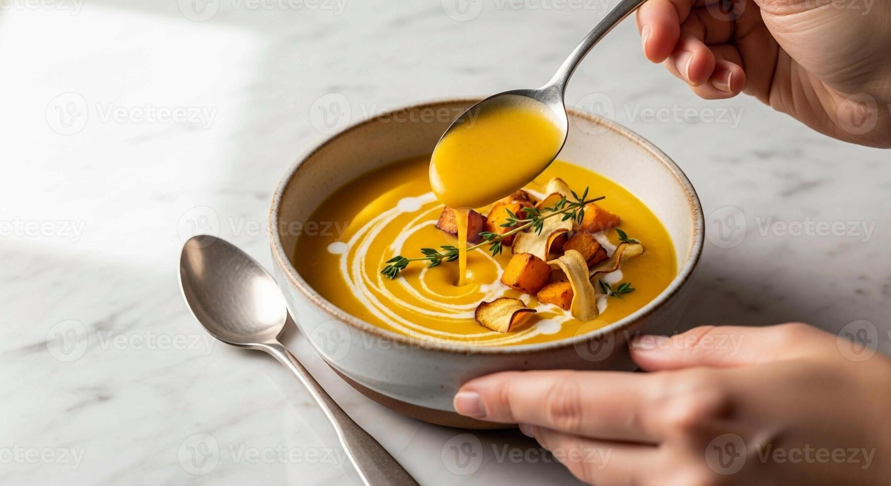 A close-up shot of a hand holding a rustic ceramic bowl of butternut squash soup, with a swirl of cream and three crispy golden sage leaves on top, warm autumn light coming from the side