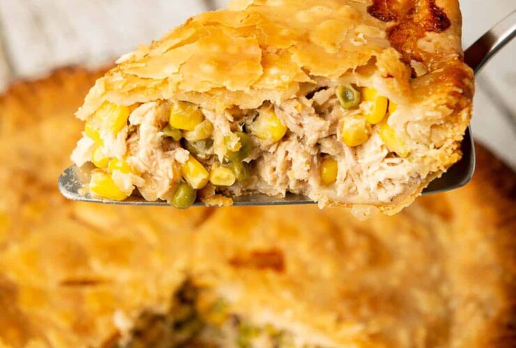 golden chicken pot pie with flaky crust fresh from the oven, steam rising, beautifully plated on a rustic wooden table