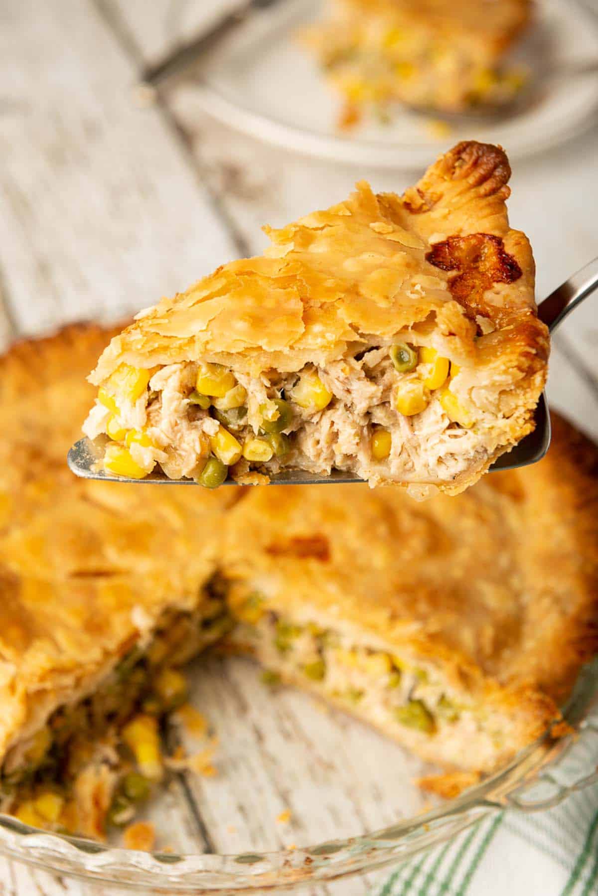 golden chicken pot pie with flaky crust fresh from the oven, steam rising, beautifully plated on a rustic wooden table