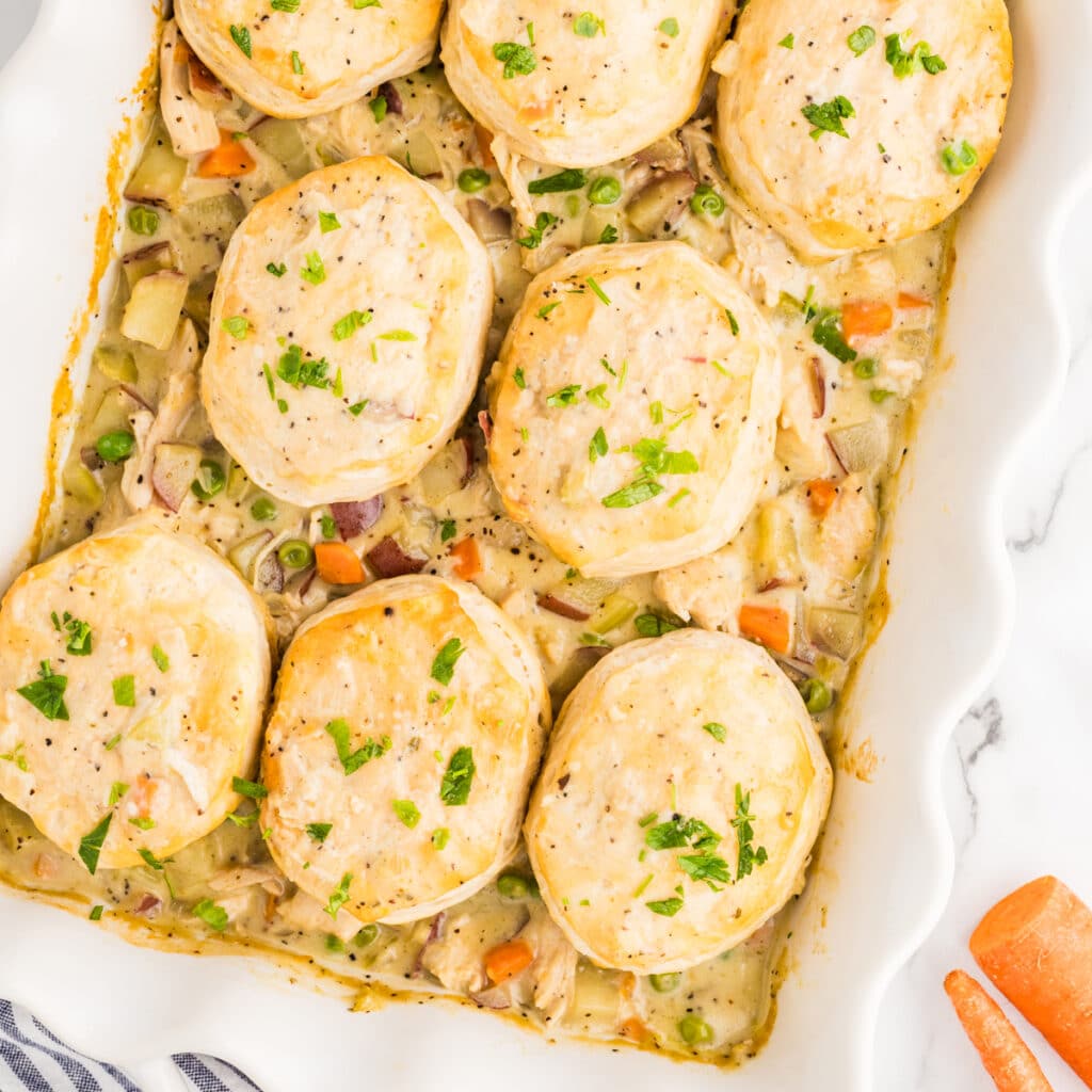 golden chicken pot pie casserole in a white baking dish with fluffy biscuit topping, garnished with fresh thyme