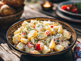 Classic Potato Salad served in a large white ceramic bowl garnished with paprika and fresh dill on a rustic wooden picnic table