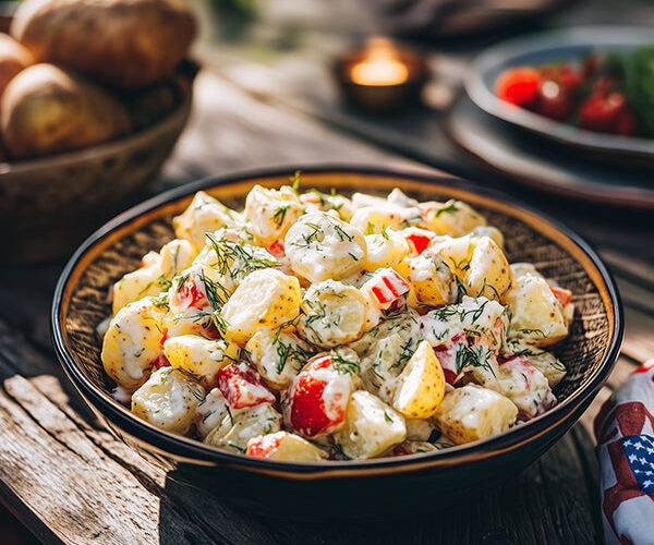 Classic Potato Salad served in a large white ceramic bowl garnished with paprika and fresh dill on a rustic wooden picnic table