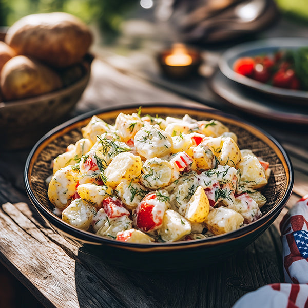 Classic Potato Salad served in a large white ceramic bowl garnished with paprika and fresh dill on a rustic wooden picnic table