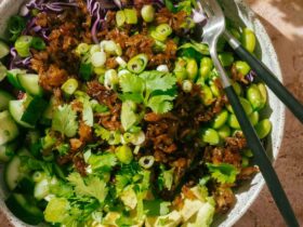 Crispy rice salad served in a wide shallow bowl with golden pan-fried rice, sliced cucumbers, edamame, shredded purple cabbage, avocado, and drizzled with sesame dressing, garnished with sesame seeds and fresh cilantro