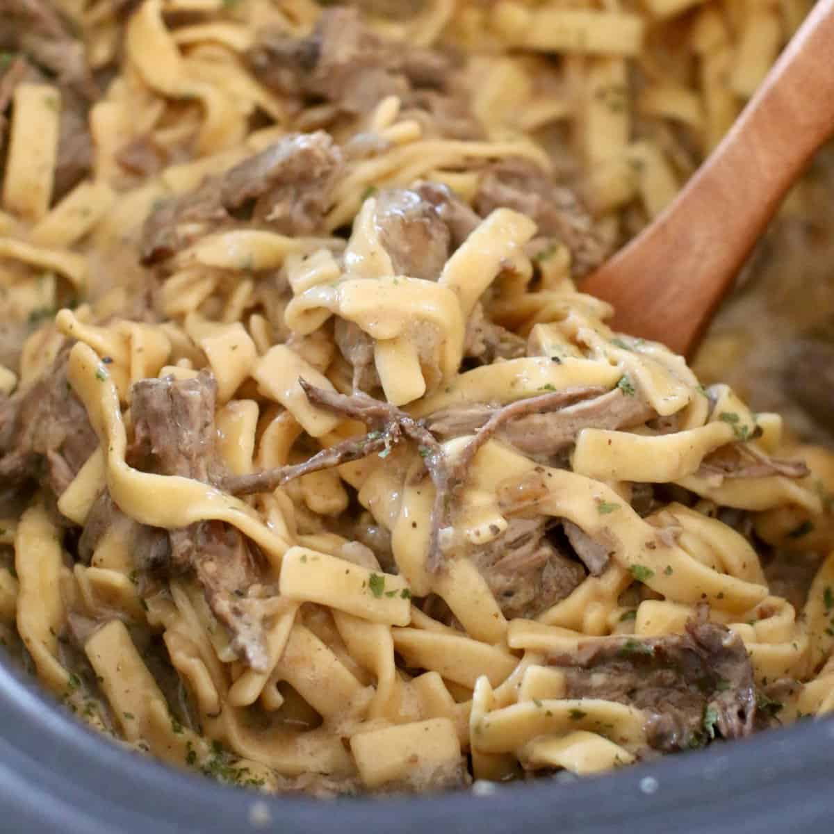 Crockpot beef and noodles served in a wide bowl with tender shredded beef over egg noodles smothered in rich brown gravy, garnished with fresh parsley