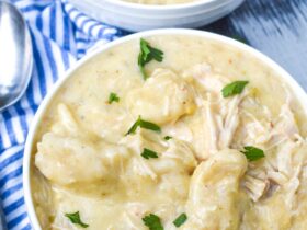 Overhead shot of crockpot chicken and dumplings in a rustic white bowl, fluffy dumplings floating in golden broth with fresh parsley garnish