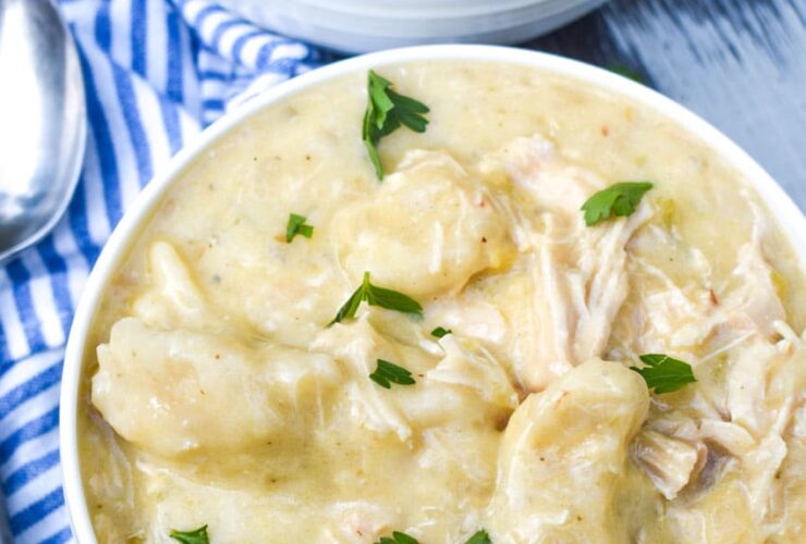Overhead shot of crockpot chicken and dumplings in a rustic white bowl, fluffy dumplings floating in golden broth with fresh parsley garnish