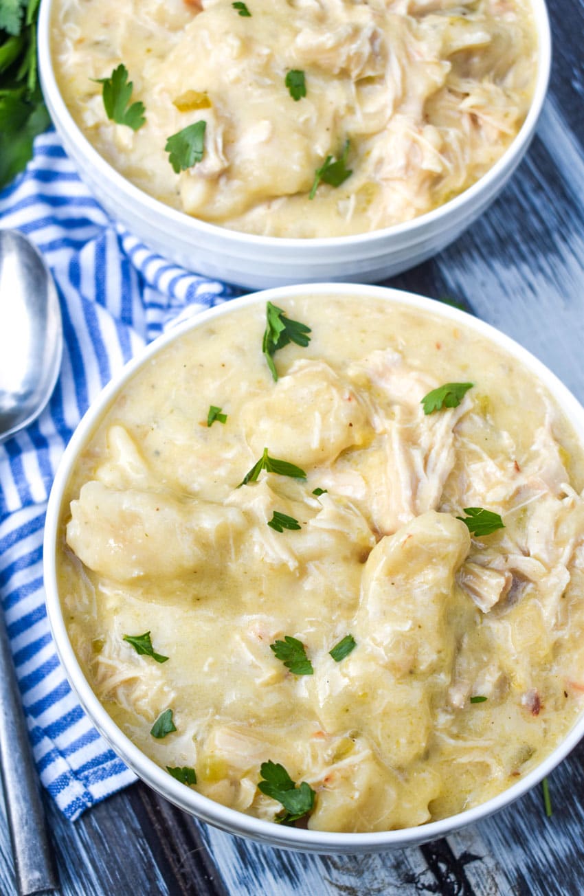 Overhead shot of crockpot chicken and dumplings in a rustic white bowl, fluffy dumplings floating in golden broth with fresh parsley garnish
