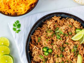 Crockpot Salsa Chicken — The Easy 3-Ingredient Shredded Chicken for Tacos, Bowls & Wraps 34 Crockpot Salsa Chicken served in a white bowl over cilantro lime rice, topped with avocado slices, pico de gallo, and a lime wedge