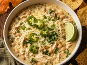 A beautifully plated bowl of Crockpot White Chicken Chili topped with shredded chicken, a dollop of sour cream, sliced jalapeños, fresh cilantro, and tortilla strips, photographed in warm natural light on a rustic wooden table