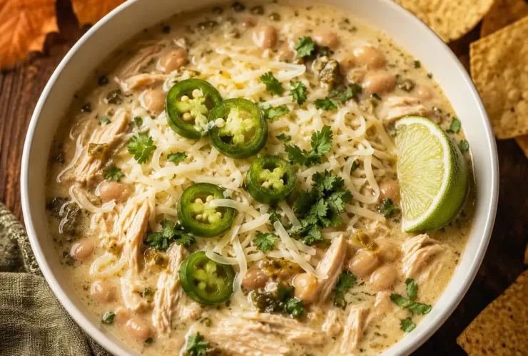 A beautifully plated bowl of Crockpot White Chicken Chili topped with shredded chicken, a dollop of sour cream, sliced jalapeños, fresh cilantro, and tortilla strips, photographed in warm natural light on a rustic wooden table