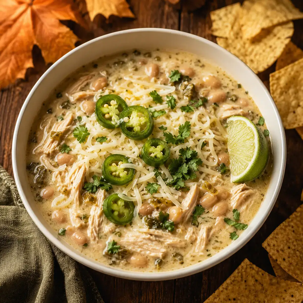 Crockpot White Chicken Chili — Creamy, Cozy, and Packed with Protein 26 A beautifully plated bowl of Crockpot White Chicken Chili topped with shredded chicken, a dollop of sour cream, sliced jalapeños, fresh cilantro, and tortilla strips, photographed in warm natural light on a rustic wooden table