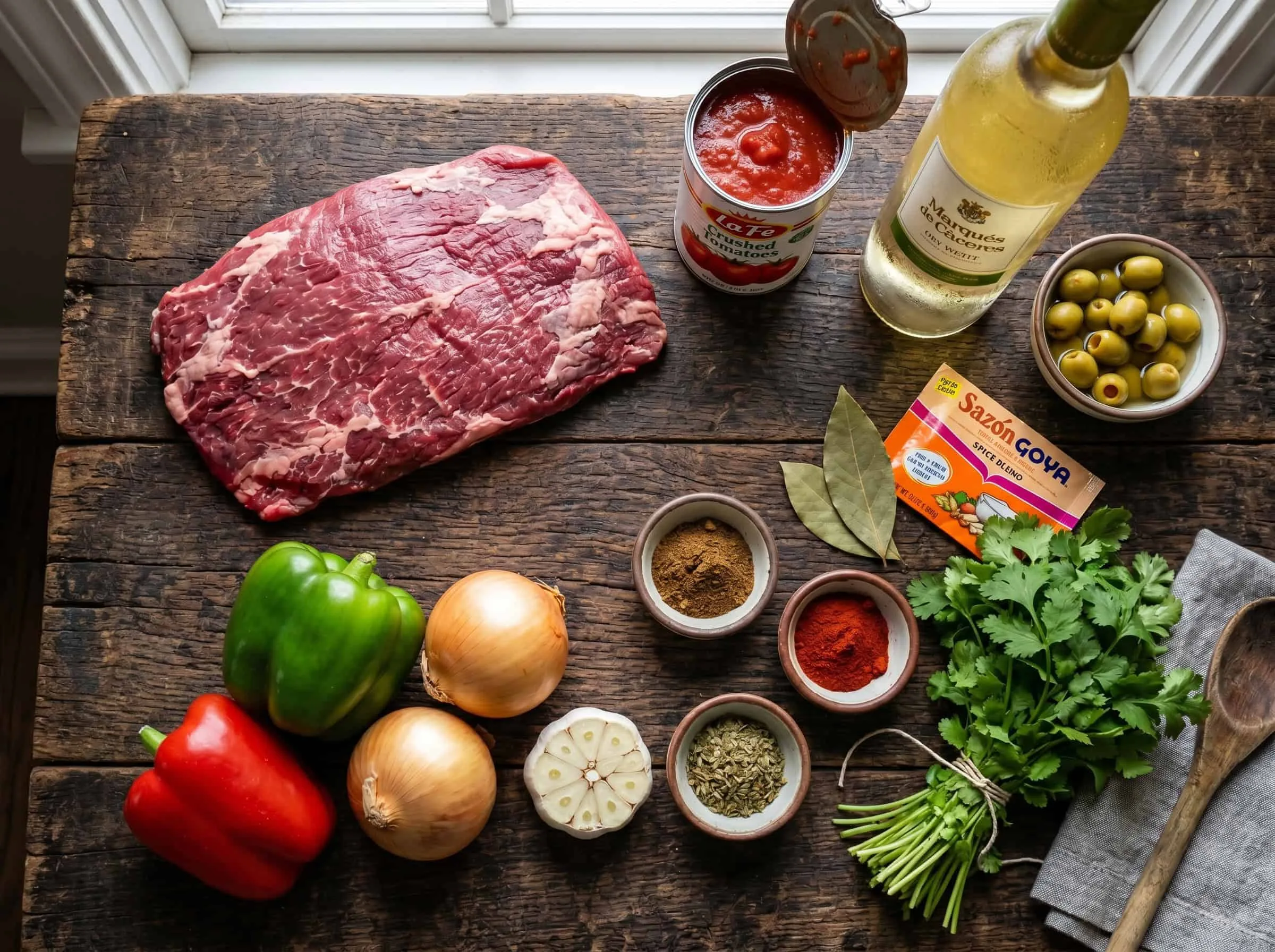 Cuban Ropa Vieja — Tender Shredded Beef in Rich Tomato Sofrito Sauce 27 Overhead flat lay of raw flank steak, halved bell peppers, whole garlic cloves, canned tomatoes, green olives, dried cumin, and fresh cilantro arranged on a light surface