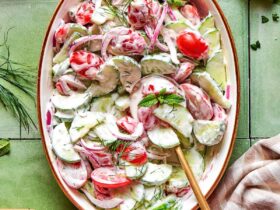 Cucumber Tomato Salad — Light, Vinegary Summer Side You'll Make All Season 30 Cucumber tomato salad served in a white bowl with fresh dill and red onion, drizzled with vinegar dressing on a bright summer table
