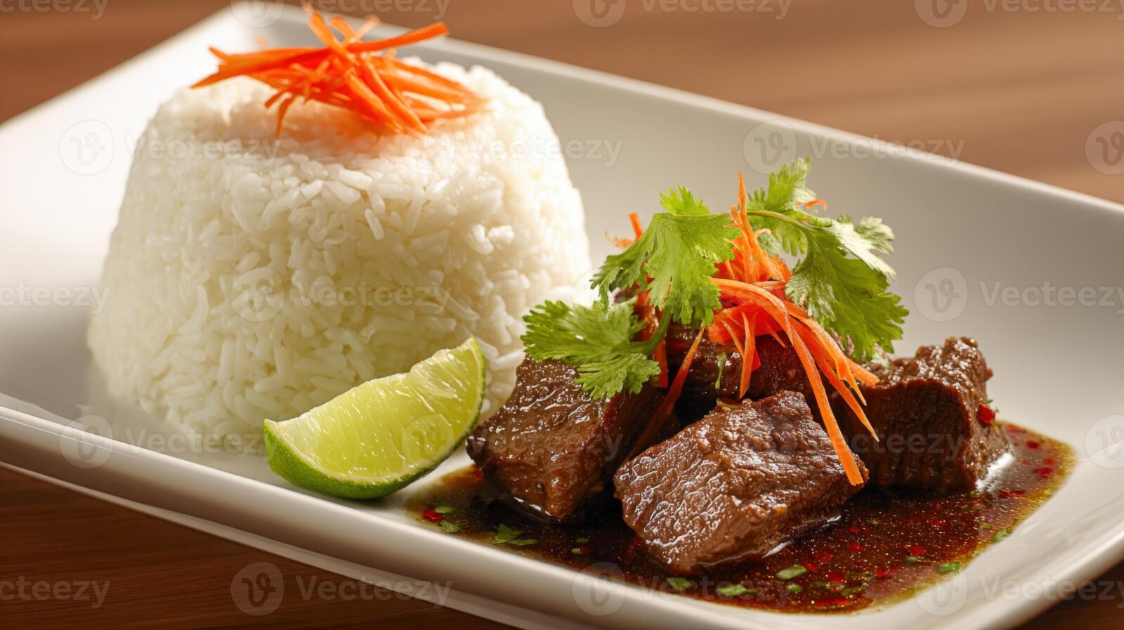 Indonesian Beef beautifully plated in a wide shallow bowl, garnished with fresh herbs, crispy shallots, and a wedge of lime on a warm wooden surface