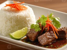 Indonesian Beef beautifully plated in a wide shallow bowl, garnished with fresh herbs, crispy shallots, and a wedge of lime on a warm wooden surface