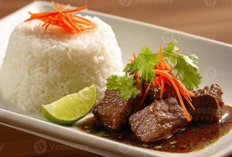 Indonesian Beef beautifully plated in a wide shallow bowl, garnished with fresh herbs, crispy shallots, and a wedge of lime on a warm wooden surface