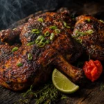Beautifully plated jerk chicken pieces with charred edges served over white rice with a wedge of lime and fresh thyme garnish on a wooden board