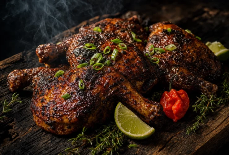 Beautifully plated jerk chicken pieces with charred edges served over white rice with a wedge of lime and fresh thyme garnish on a wooden board