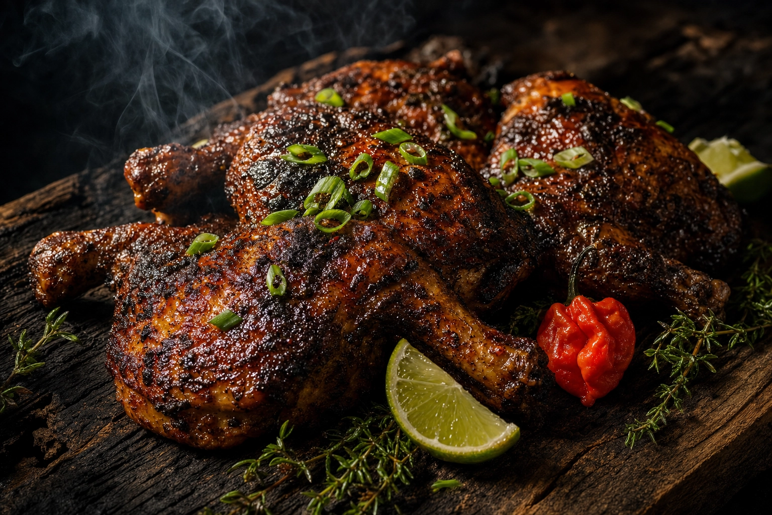 Jerk Chicken — Bold, Smoky, and Packed with Caribbean Flavor 26 Beautifully plated jerk chicken pieces with charred edges served over white rice with a wedge of lime and fresh thyme garnish on a wooden board