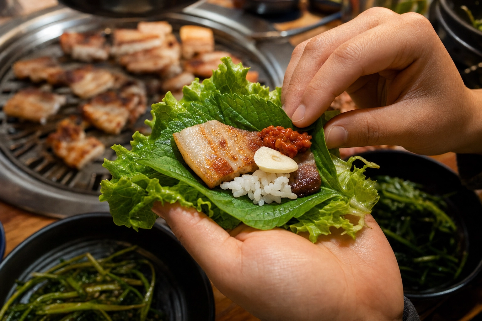 Close-up shot of a single Korean BBQ lettuce wrap cup held in two hands, showing layers of caramelized grilled beef, shredded carrots, cucumber slices, pickled cabbage, and a drizzle of gochujang sauce, topped with toasted sesame seeds and green onions