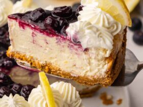 A beautifully plated slice of lemon blueberry cheesecake on a white plate with blueberry sauce drizzled over the top and curled lemon slices as garnish, shot in natural light