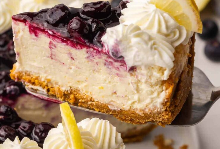 A beautifully plated slice of lemon blueberry cheesecake on a white plate with blueberry sauce drizzled over the top and curled lemon slices as garnish, shot in natural light