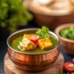 Palak Paneer served in a copper bowl, vibrant green spinach curry with golden paneer cubes, garnished with cream and fresh ginger, overhead shot on a warm wooden surface