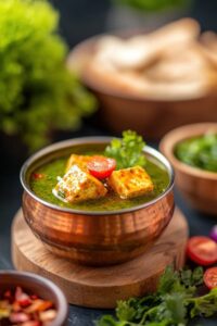Palak Paneer served in a copper bowl, vibrant green spinach curry with golden paneer cubes, garnished with cream and fresh ginger, overhead shot on a warm wooden surface