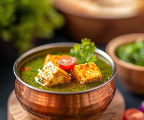 Palak Paneer served in a copper bowl, vibrant green spinach curry with golden paneer cubes, garnished with cream and fresh ginger, overhead shot on a warm wooden surface