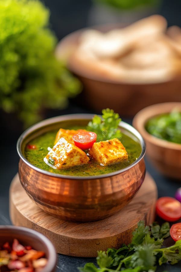 Palak Paneer served in a copper bowl, vibrant green spinach curry with golden paneer cubes, garnished with cream and fresh ginger, overhead shot on a warm wooden surface