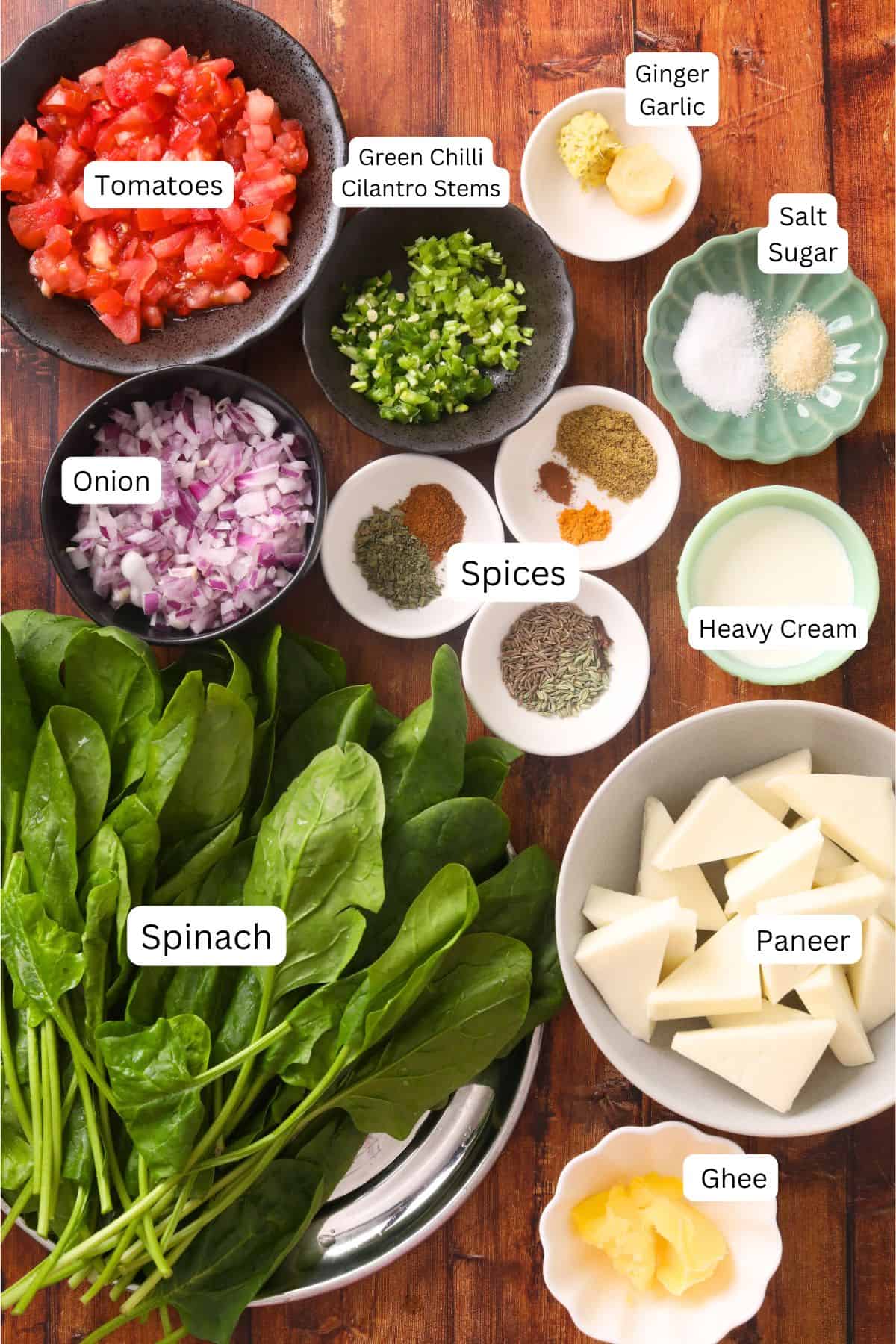 Step-by-step ingredients flat lay for Palak Paneer showing fresh spinach, paneer cubes, whole spices, ginger, garlic, and onion on a marble surface