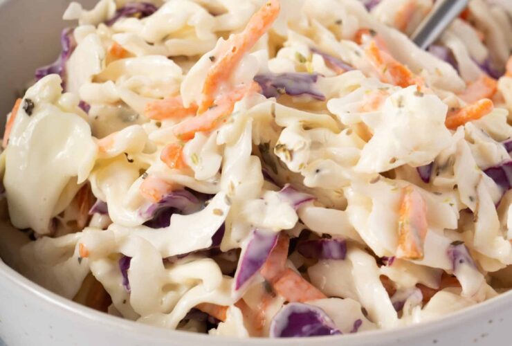 Southern Coleslaw served in a large white bowl with a tangy creamy dressing, garnished with fresh parsley, photographed on a rustic wooden picnic table with BBQ sides in the background