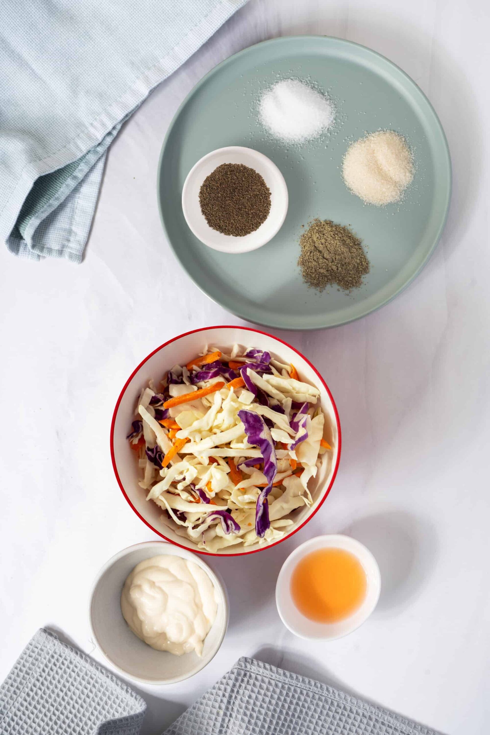 Southern Coleslaw ingredients laid out flat on a marble surface — shredded green cabbage, grated carrots, mayonnaise, apple cider vinegar, celery seed, sugar, salt, and pepper in small bowls