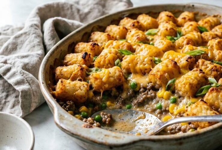 Golden tater tot casserole fresh from the oven in a white baking dish, topped with melted cheddar cheese and crispy tots, garnished with fresh parsley on a rustic wooden table