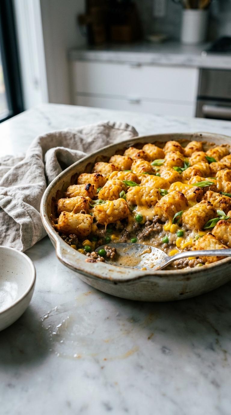 Tater Tot Casserole — The Ultimate Crispy, Cheesy Ground Beef Comfort Bake 26 Golden tater tot casserole fresh from the oven in a white baking dish, topped with melted cheddar cheese and crispy tots, garnished with fresh parsley on a rustic wooden table